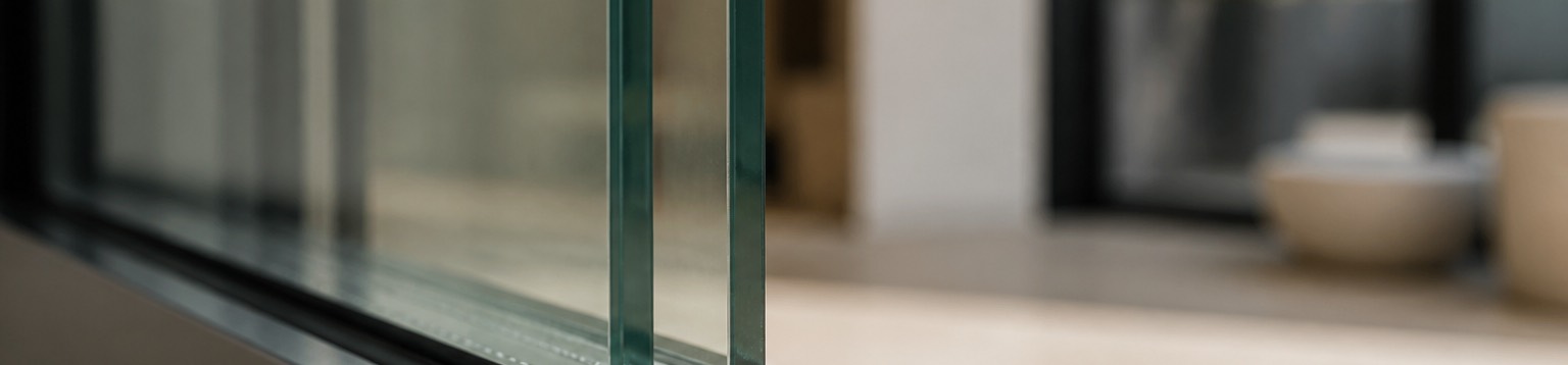 Cutaway macro of a double-pane insulated glass edge, its spacer bar and sealed cavity
