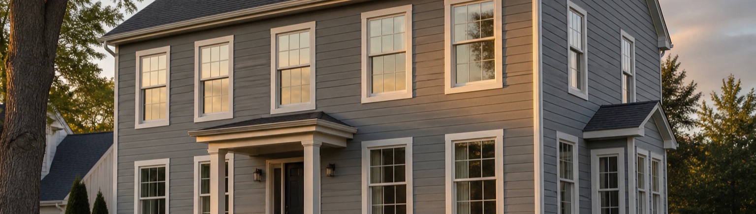 A two-story American house at golden hour, its double-hung windows catching the low sun