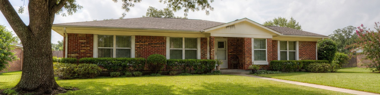 A single-story Houston brick home with wide white-framed windows under humid daylight