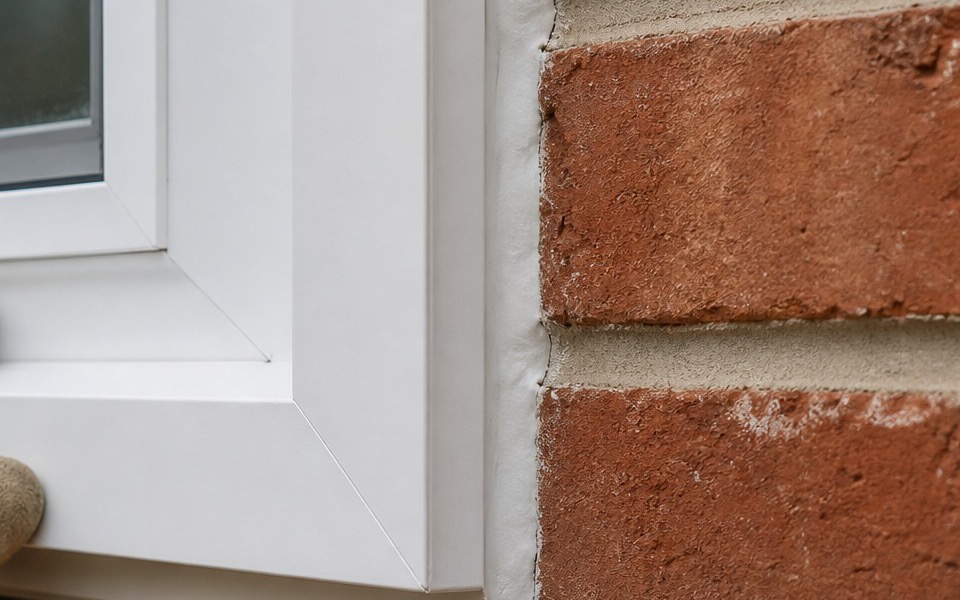 The sealed joint where a white window frame meets a brick veneer wall