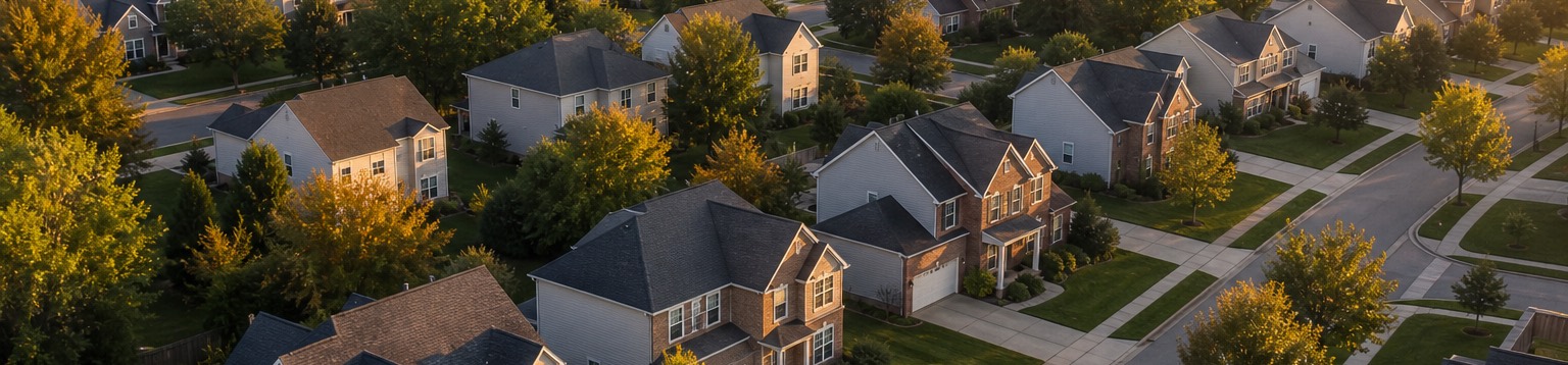 An American suburban neighborhood of single-family homes at golden hour