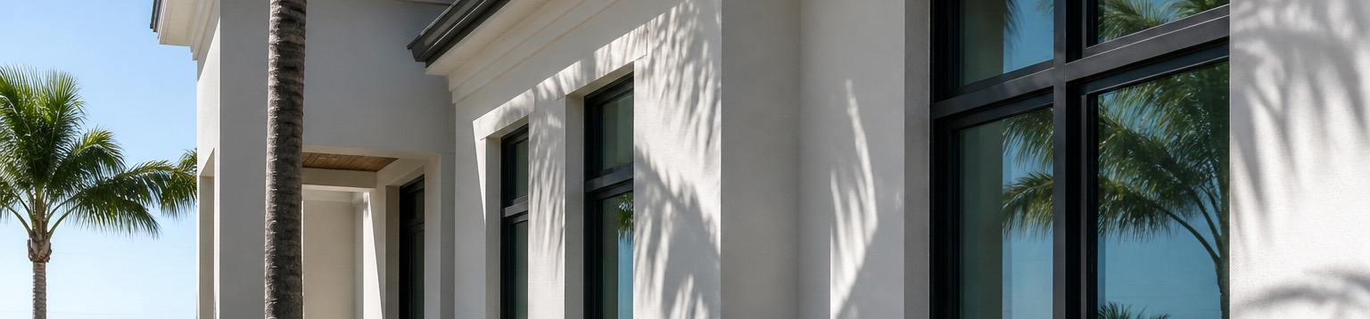 A coastal home with impact-rated windows and pale render walls under strong midday sun