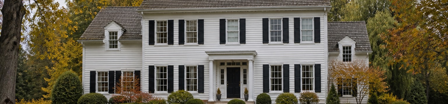 A colonial house with white trim and shuttered double-hung windows under overcast autumn light