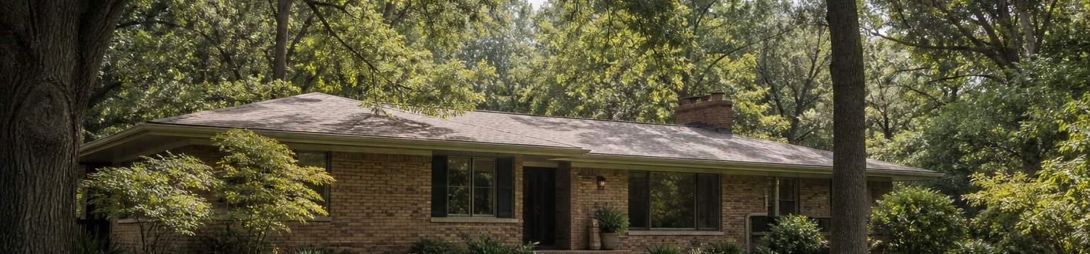 A brick ranch house with wide eaves and large windows on a humid summer afternoon
