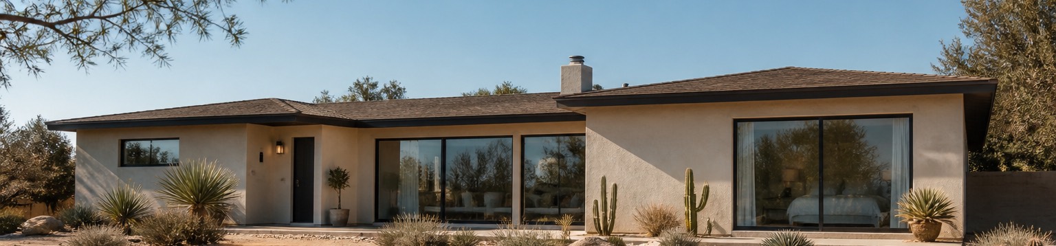 A single-story ranch house with stucco walls and wide sliding glass windows in bright dry light