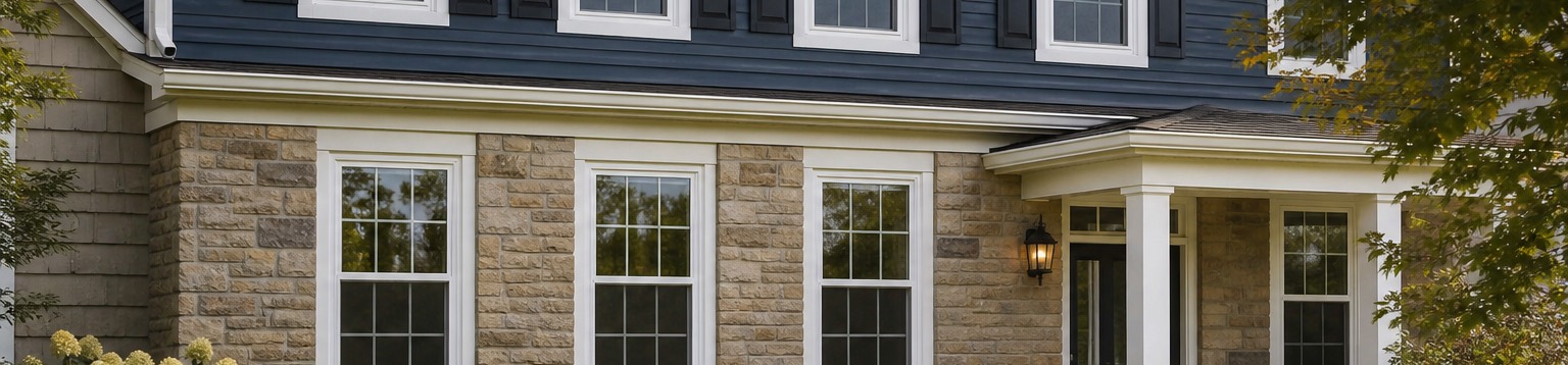 A row of new white double-hung windows across the front of a two-story American home