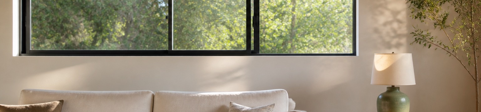A wide horizontal sliding window with one panel slid open, afternoon light
